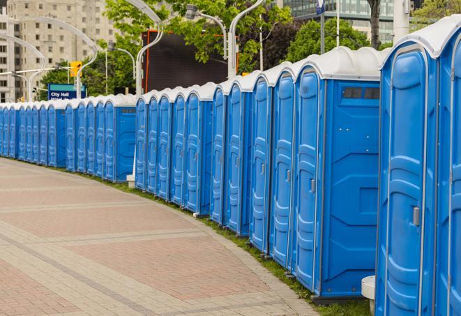 a line of portable restrooms specially designed for weddings and upscale events in Center